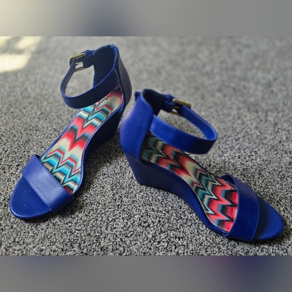 American Eagle Blue Wedge Pump Heel Ankle Strap Peep Toe Woman's Size 7.5 - Picture 6 of 15